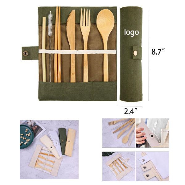 AIN1655 Bamboo Cutlery Set with Travel Pouch - 6 Pieces