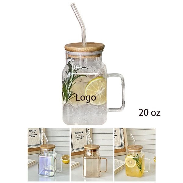AIN2075 Glass Cup with Bamboo Lid and Straw
